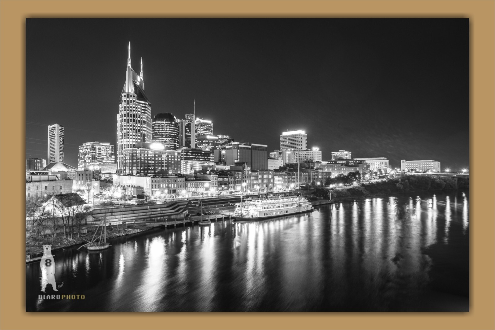 Downtown Nashville Skyline at Night – Black and White Photography Prints