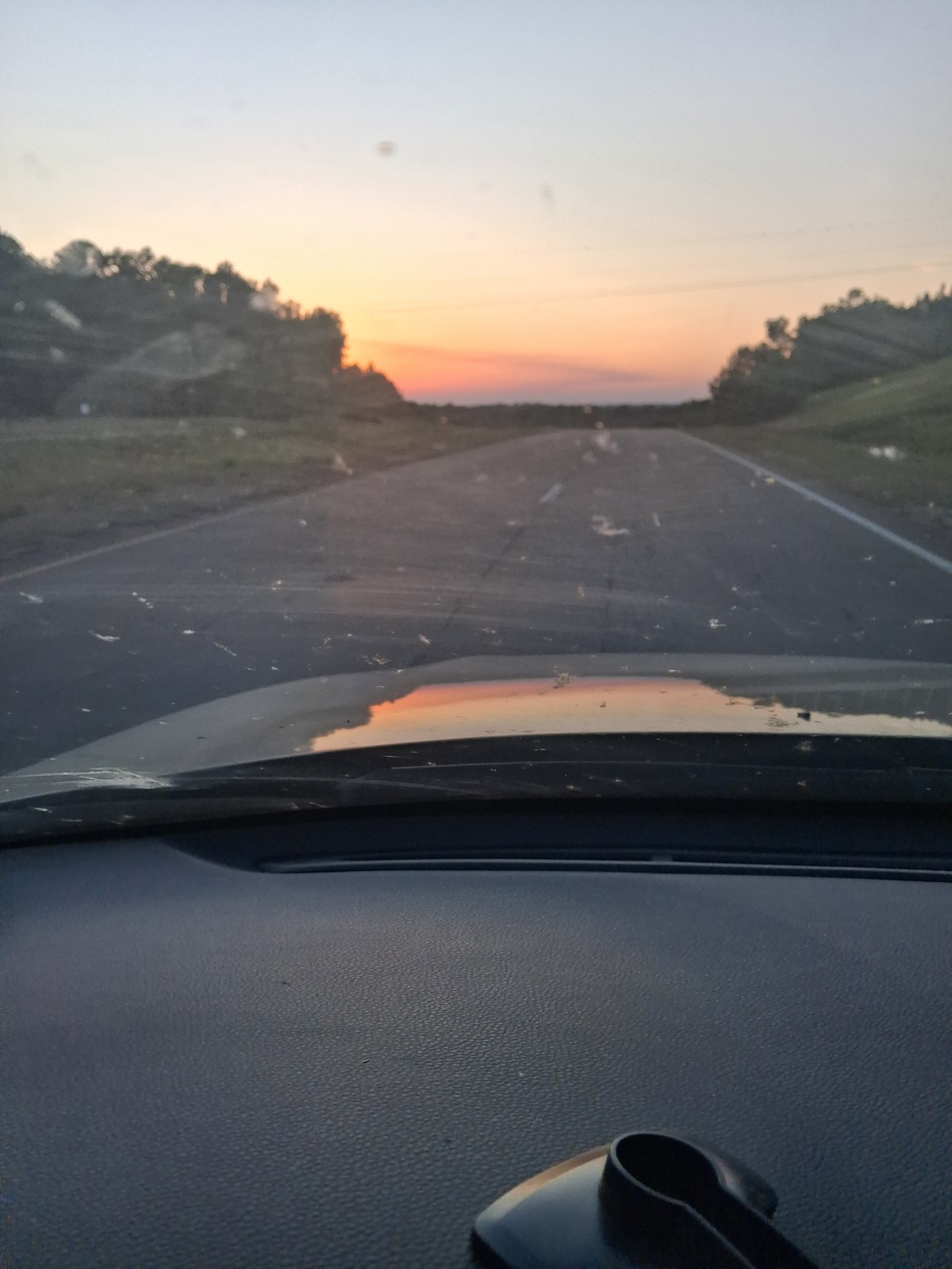Color Sunset Landscape Photograph – Road by Lake With Trees & Sky