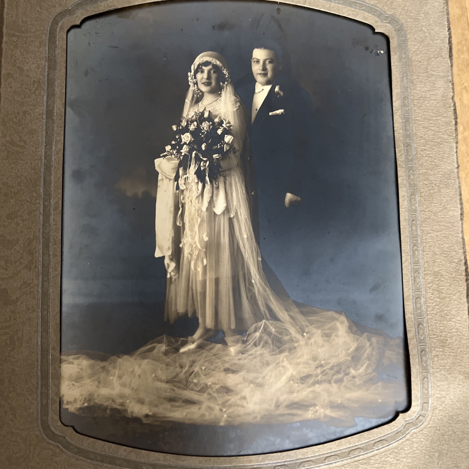 Large Vintage Wedding Photo in Original Studio Mount 1930s-1940s DiMarco Studio