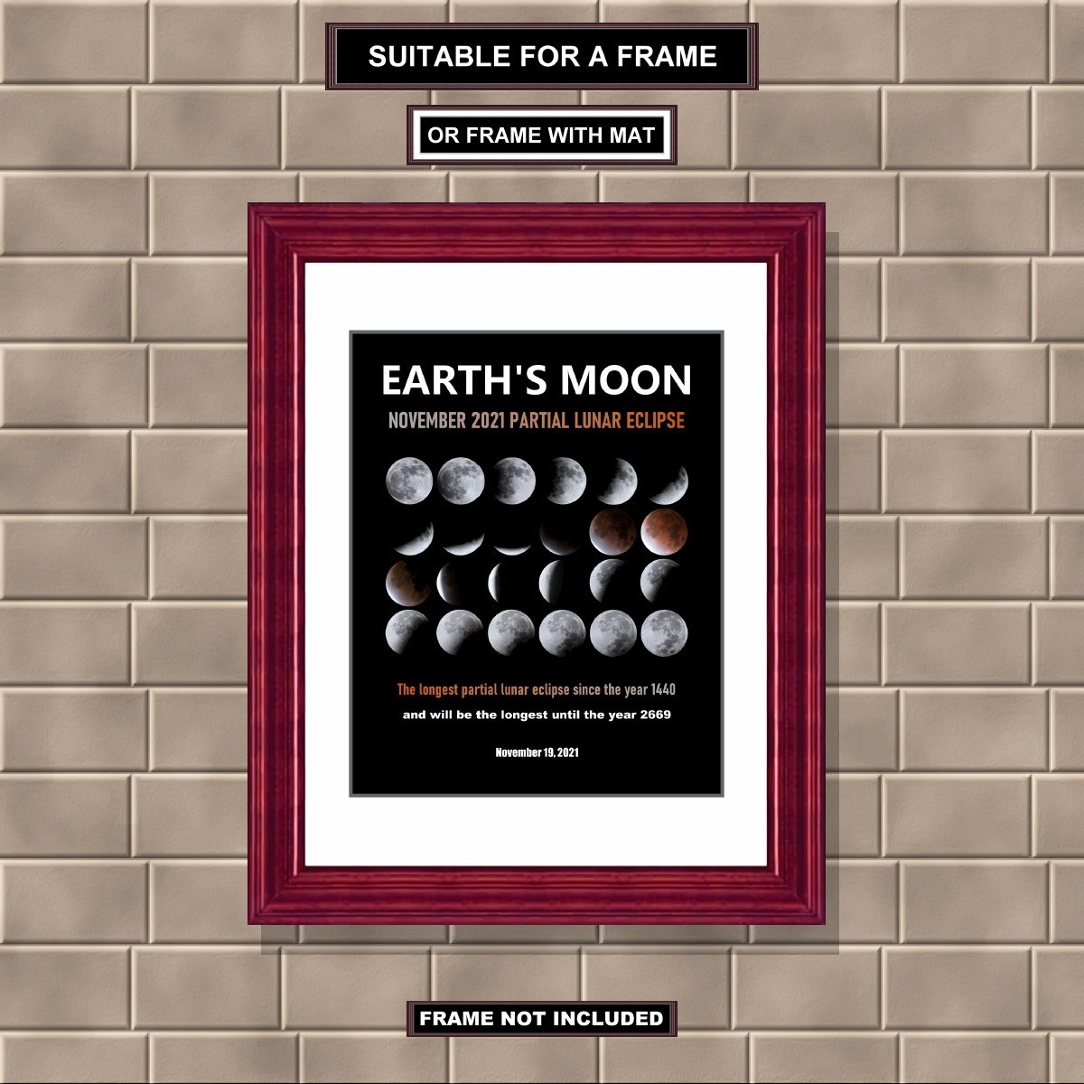 8×10 inch Rare Partial Lunar Eclipse, November 19, 2021, Photo Art MPALE2021