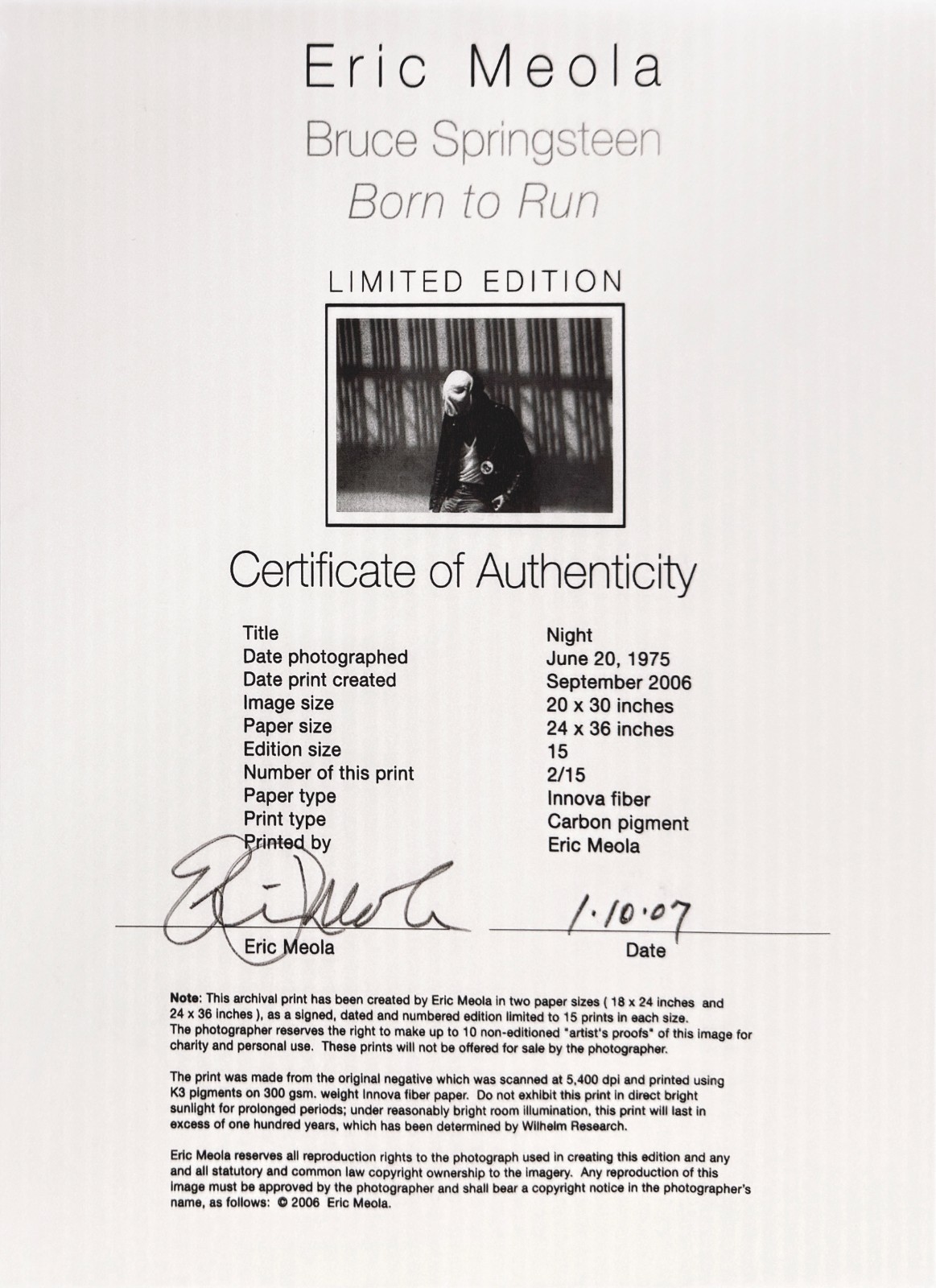 Eric Meola “Night” | Hand Signed Pigment Print | Bruce Springsteen | 27×39″