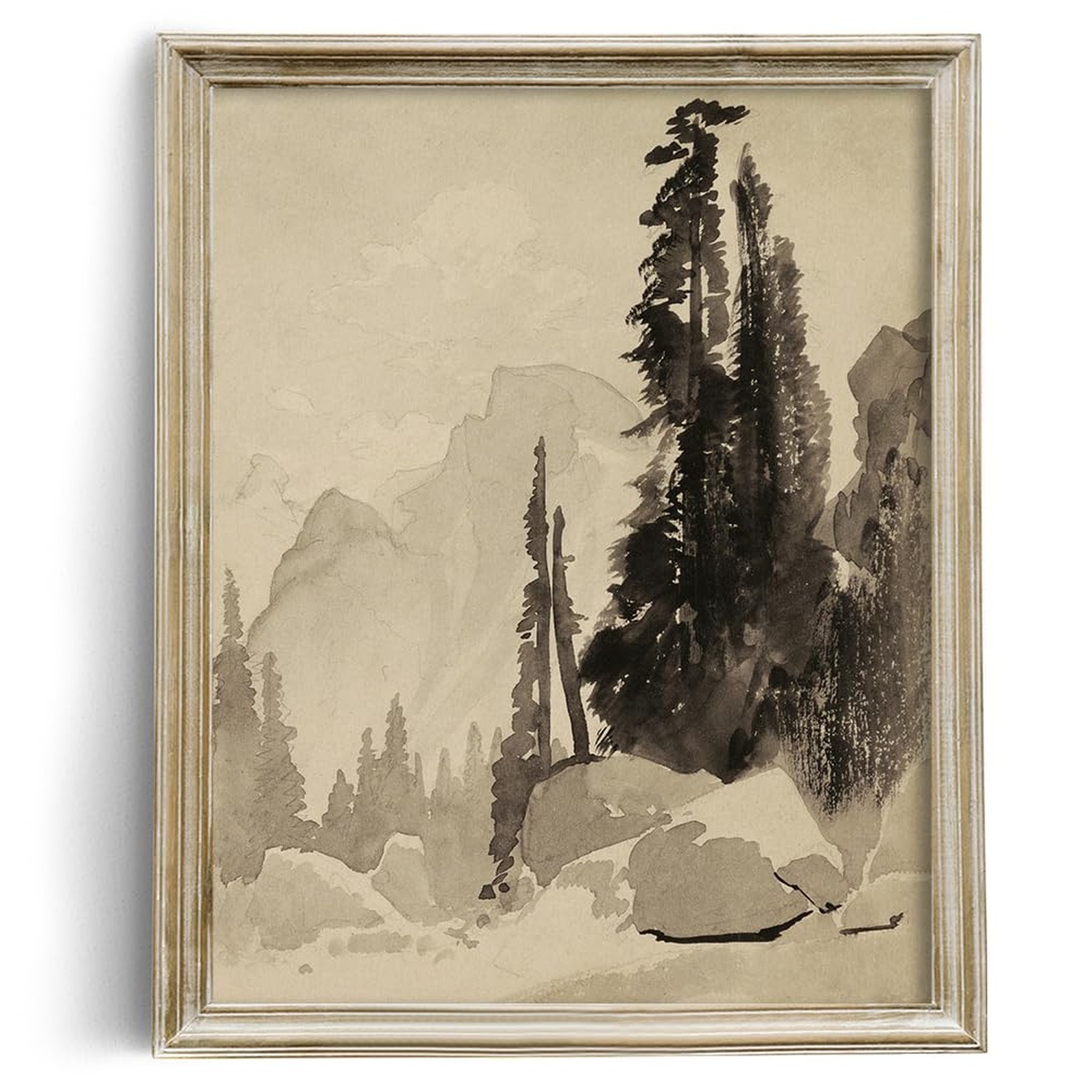 Forest Landscape Drawing Print Poster – Vintage Farmhouse Engrave Line Wall A…