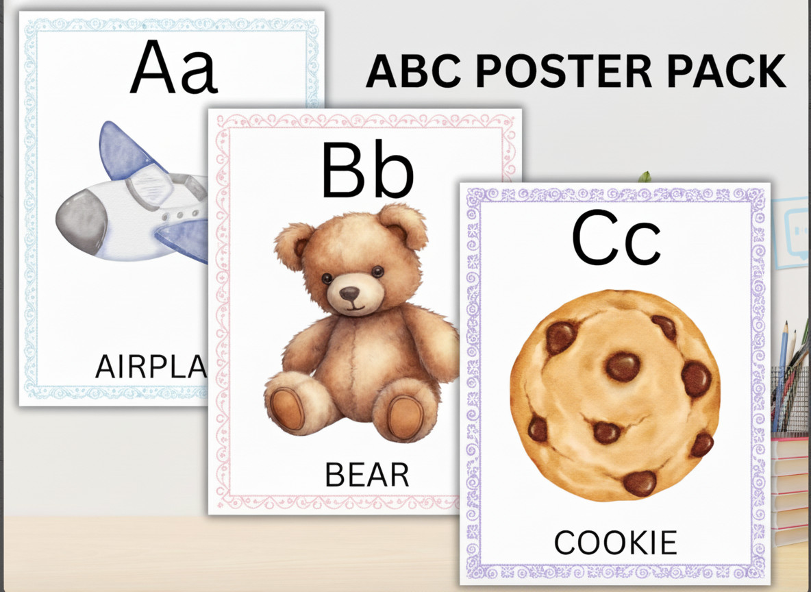 Fun & Educational Watercolour Alphabet. (A to Z)Posters ABC Chart Classroom