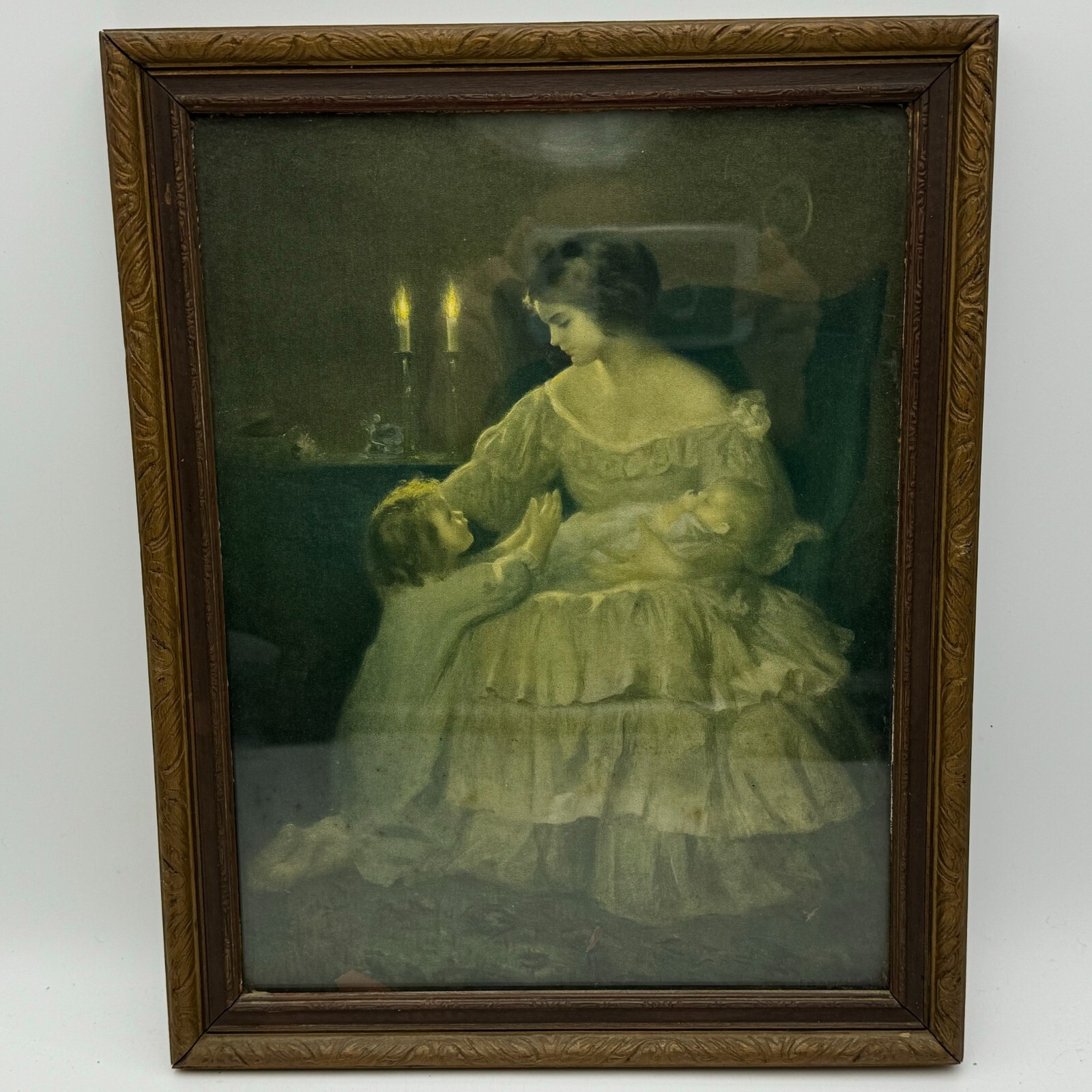 Antique Victorian Colorized Photo of Mother Child Baby Framed Large Picture