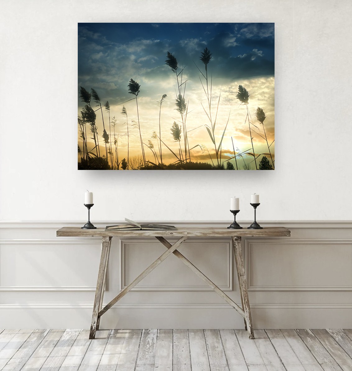 Blooming Cattails Willows Silhouette Sunset Beige Gold Blue Abstract Art Photo