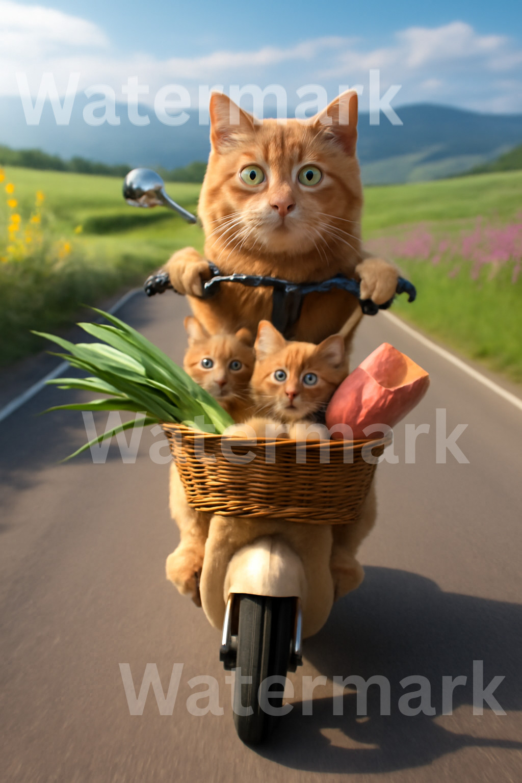 Digital Image Picture Photo Wallpaper Printable AI Art Whimsical Cat Scooter