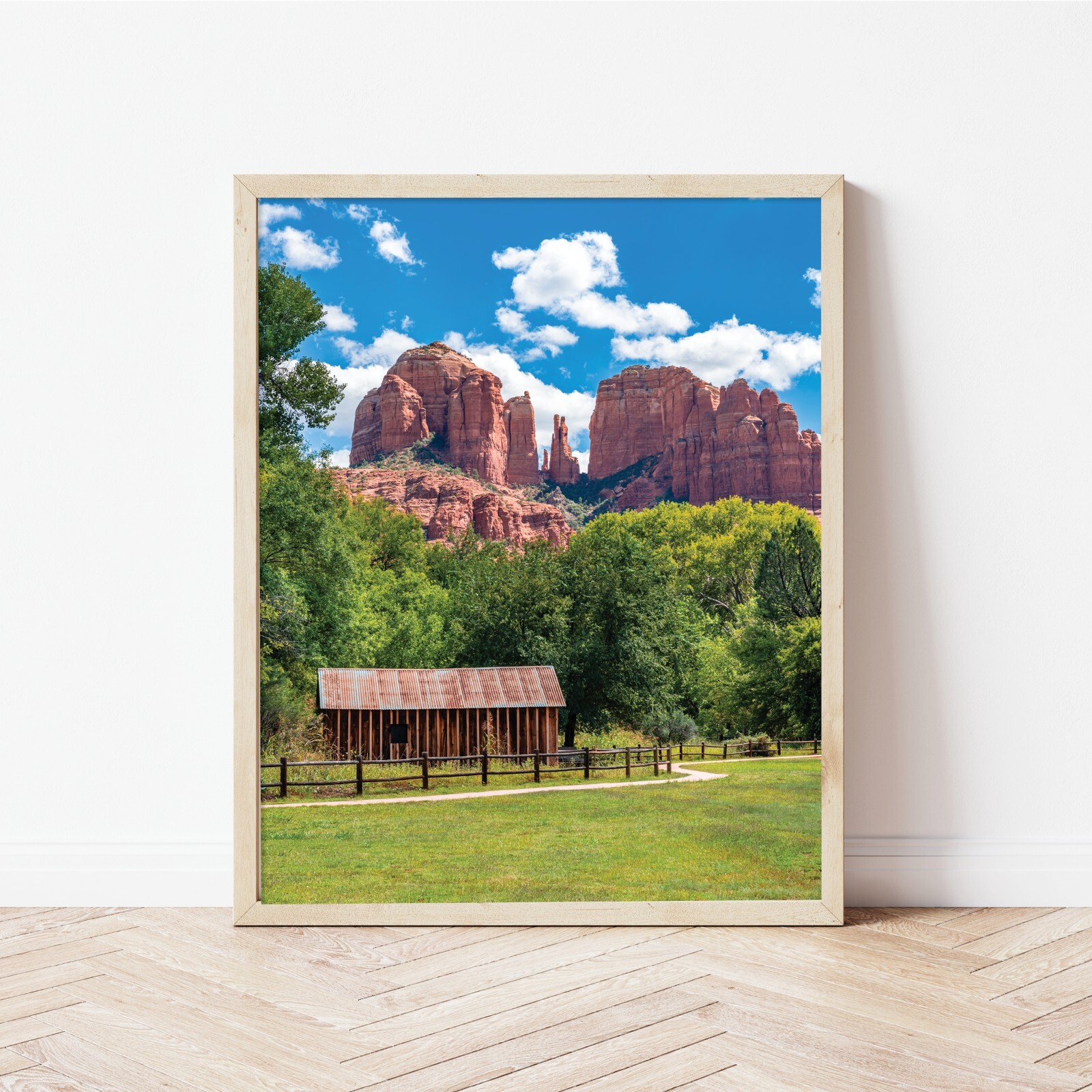 Cathedral Rock, Sedona Arizona Landscape Photo, Water Wheel and Barn, AZ Print