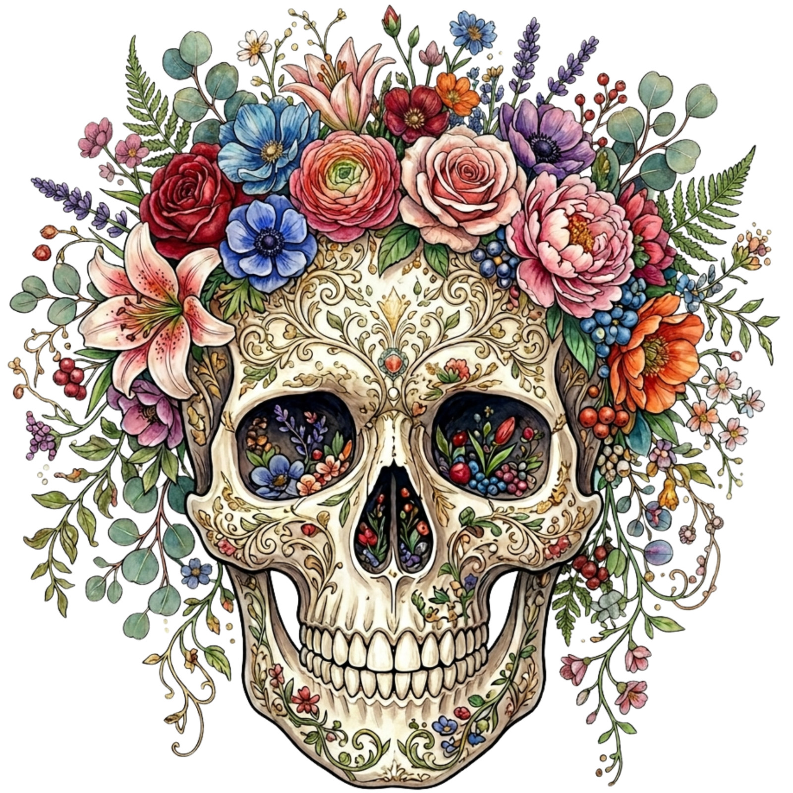 Floral Skull Sublimation Clipart Digital Image Art Printable Transparent PNG/JPG