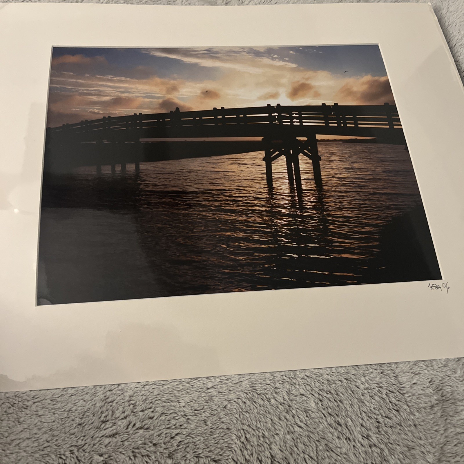 Wooden Bridge Sunset Photo Art Print Matted Landscape Coastal Wall Decor 16×20