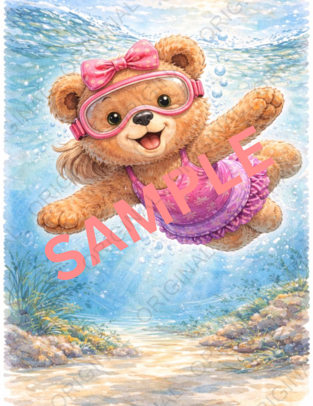Digital Watercolor Photo of Girl Bear Swimming
