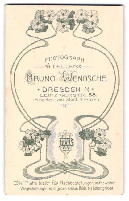 Photograph Bruno Wensche, Dresden, Leipzigerstr. 58, Photographer Monogram M