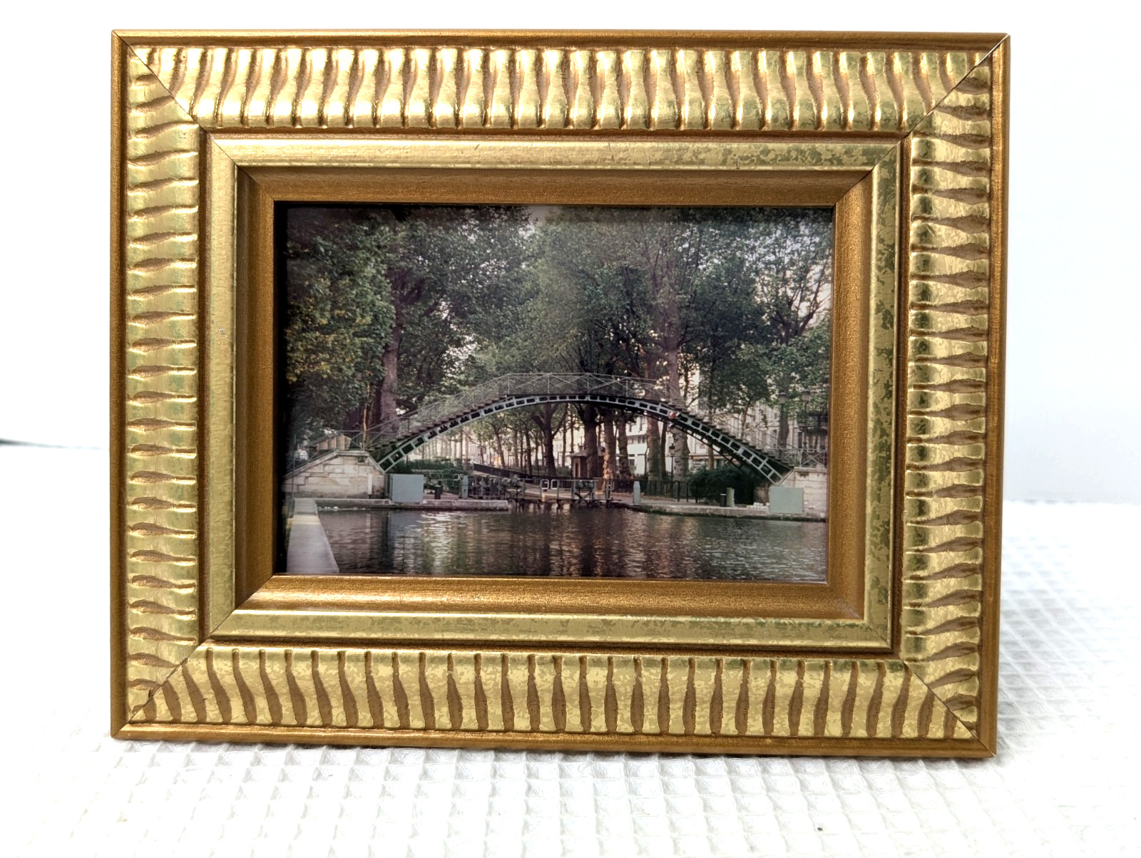 Photo Photograph Gold Tabletop Frame City Landscape Walking Bridge Over Water
