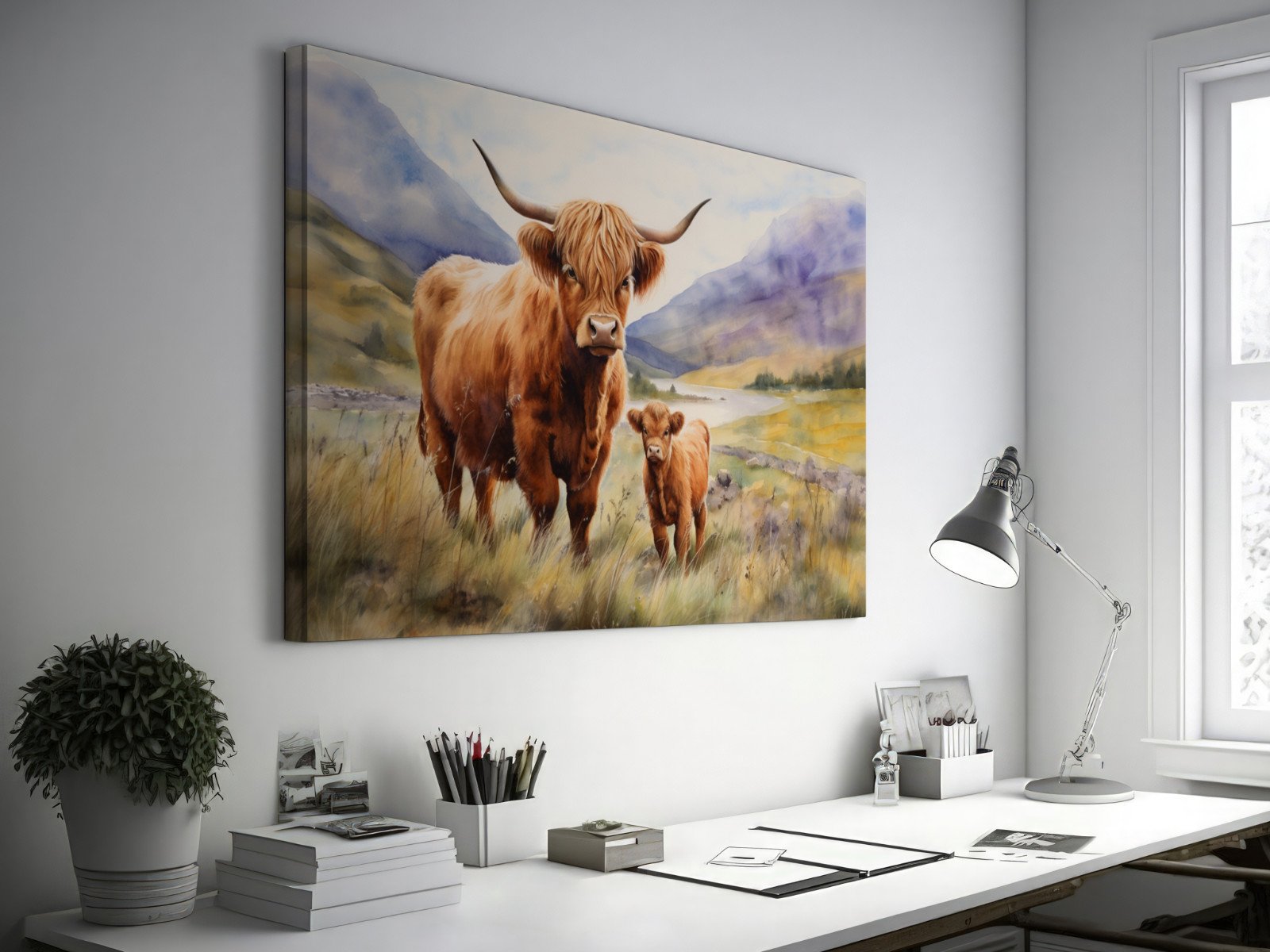 Highland Cow Wall Art, Scottish Highland Cow Calf Print, Rustic Farmhouse Canvas