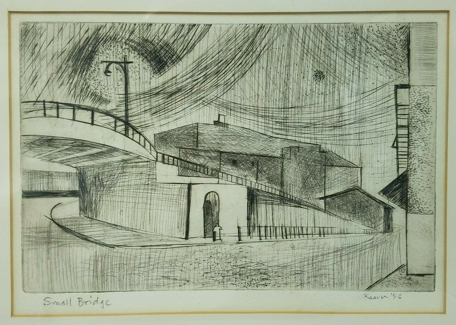 GEORGE KRAUSE Original ENGRAVING “Small Bridge” RARE Photographer SIGNED 1956