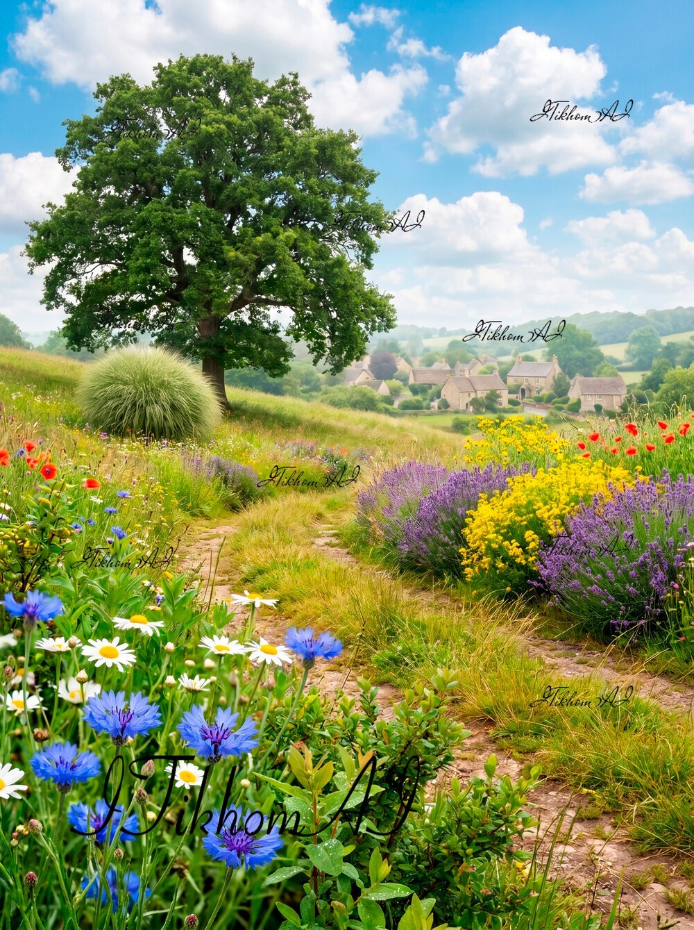 Digital Art Image Landscape Flowers Trees Road Village Houses Wallpaper Desktop