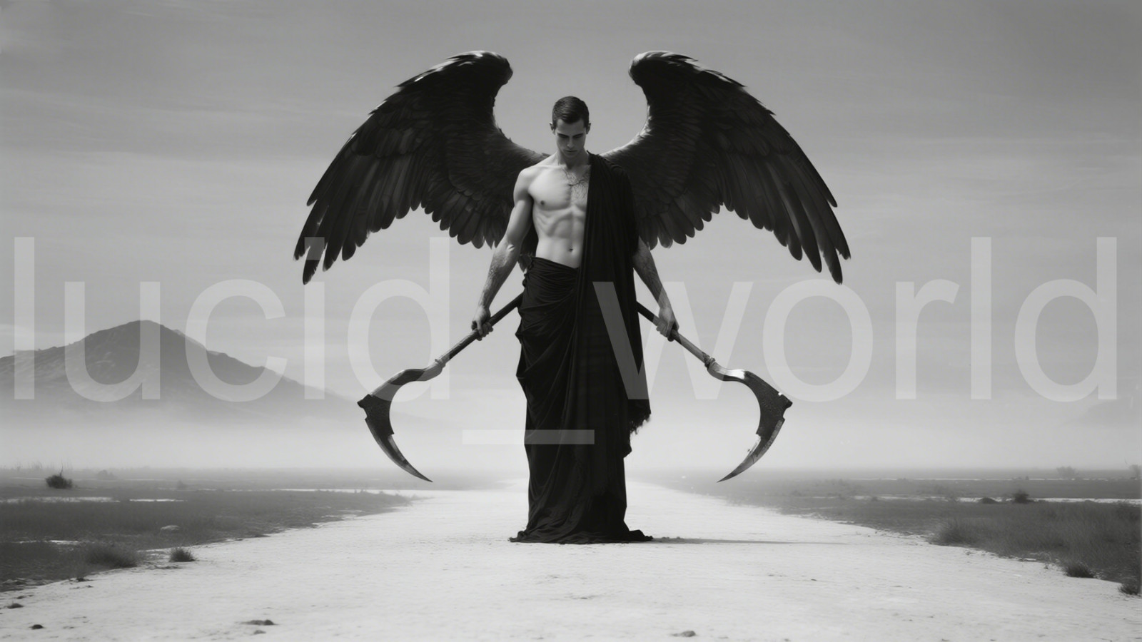 Dark Angel Warrior Scythes Digital Art Download Print Black & White Image PNG