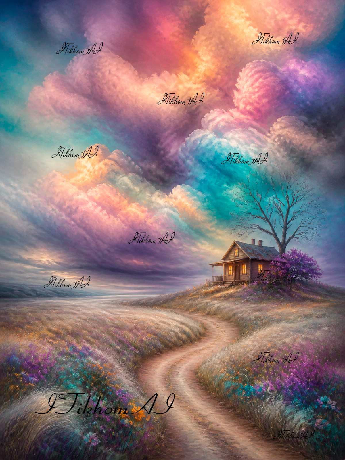 Digital Art Landscape Nature House Sky Clouds Tree Flowers Background Wallpaper