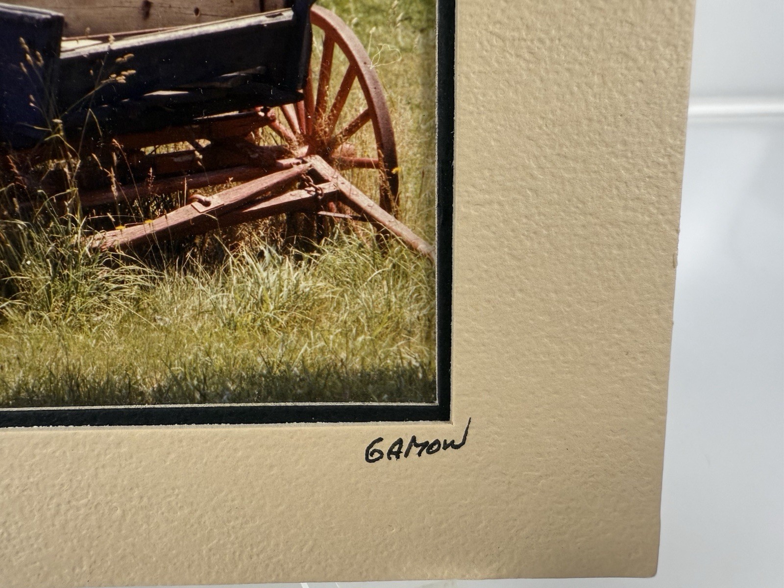 Gamow signed Hay Wagon Wheel Farm Cart in Field Photography Art 5″ x 7″ Mated
