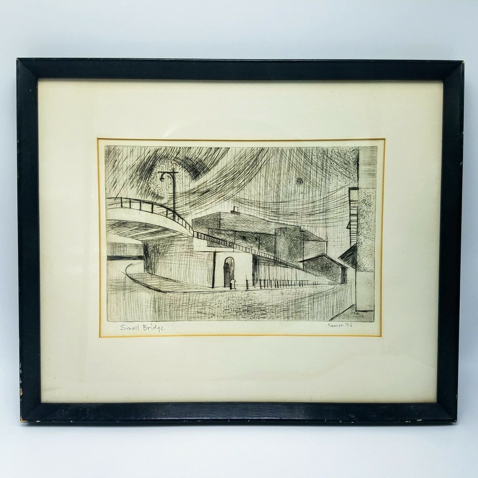 GEORGE KRAUSE Original ENGRAVING “Small Bridge” RARE Photographer SIGNED 1956