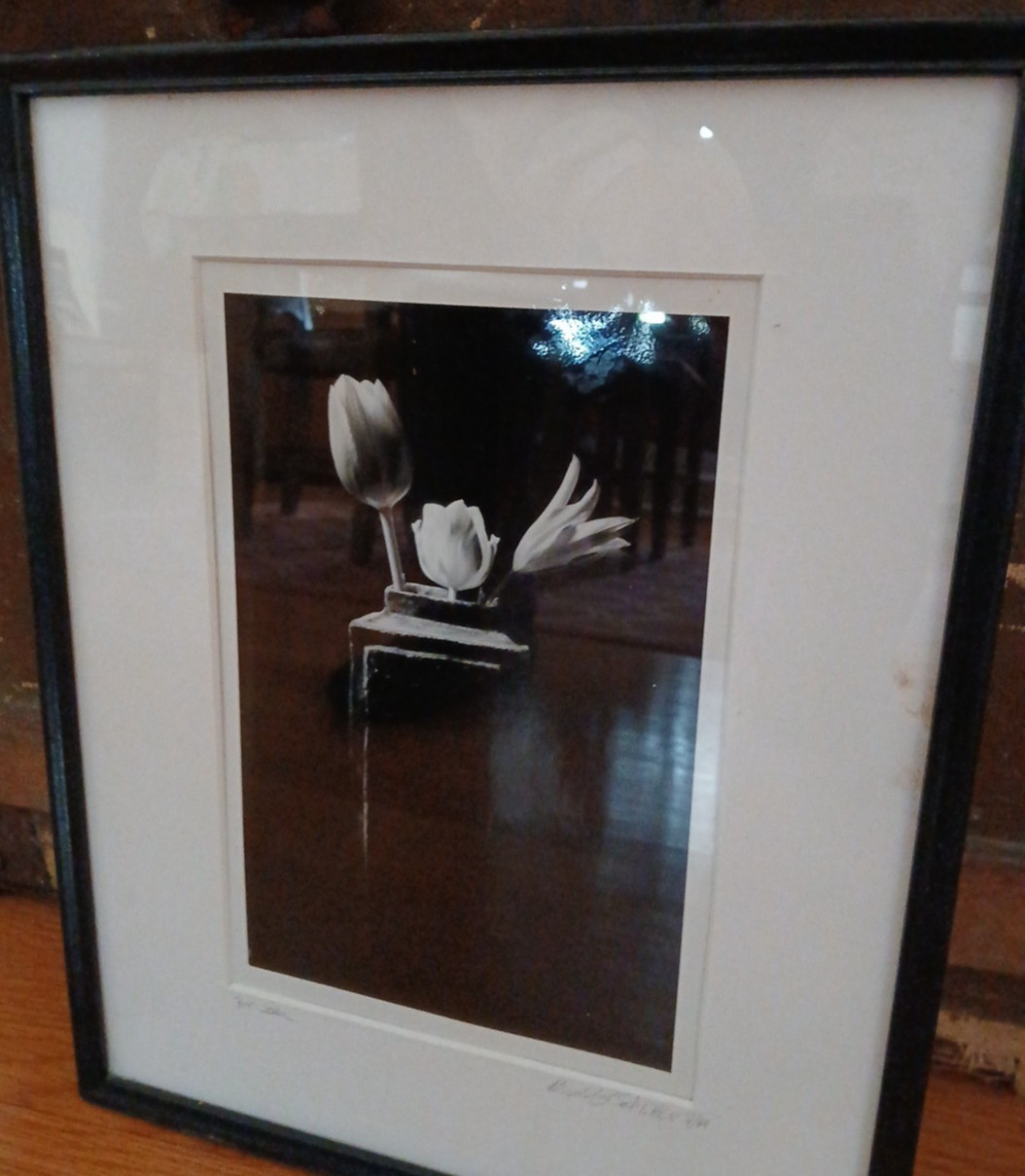 Framed Signed Dated PHOTOGRAPH Black & White Flowers/Vase 1989-14.75″H X 12″L