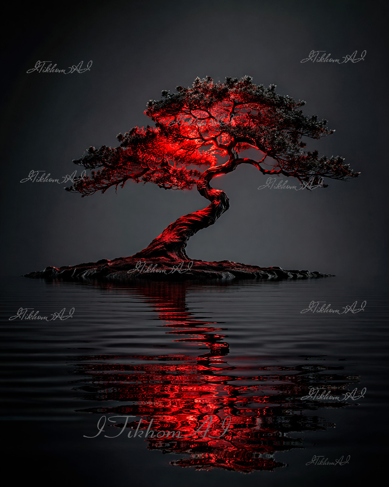 Digital Art Landscape Tree Island Lake Water Red Light NightBackground Wallpaper