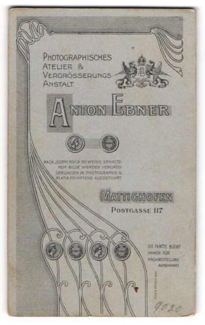 Photograph Anton Ebner, Mattighofen, Postgasse 117, Royal Coat of Arms with Mono