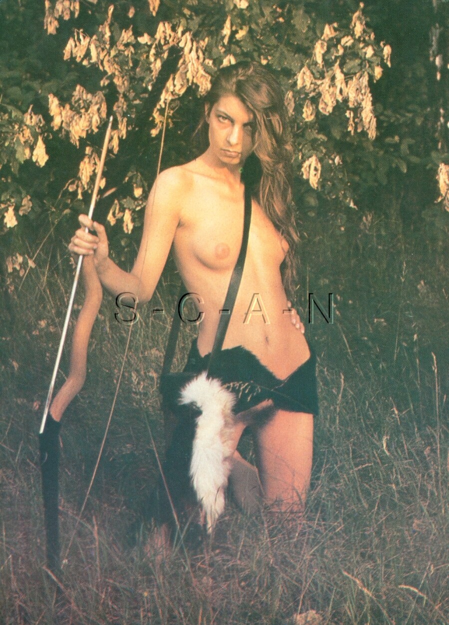 Vintage Nude Polish Color Postcard- Endowed Woman- Hunter- Bow & Arrow- Hunting