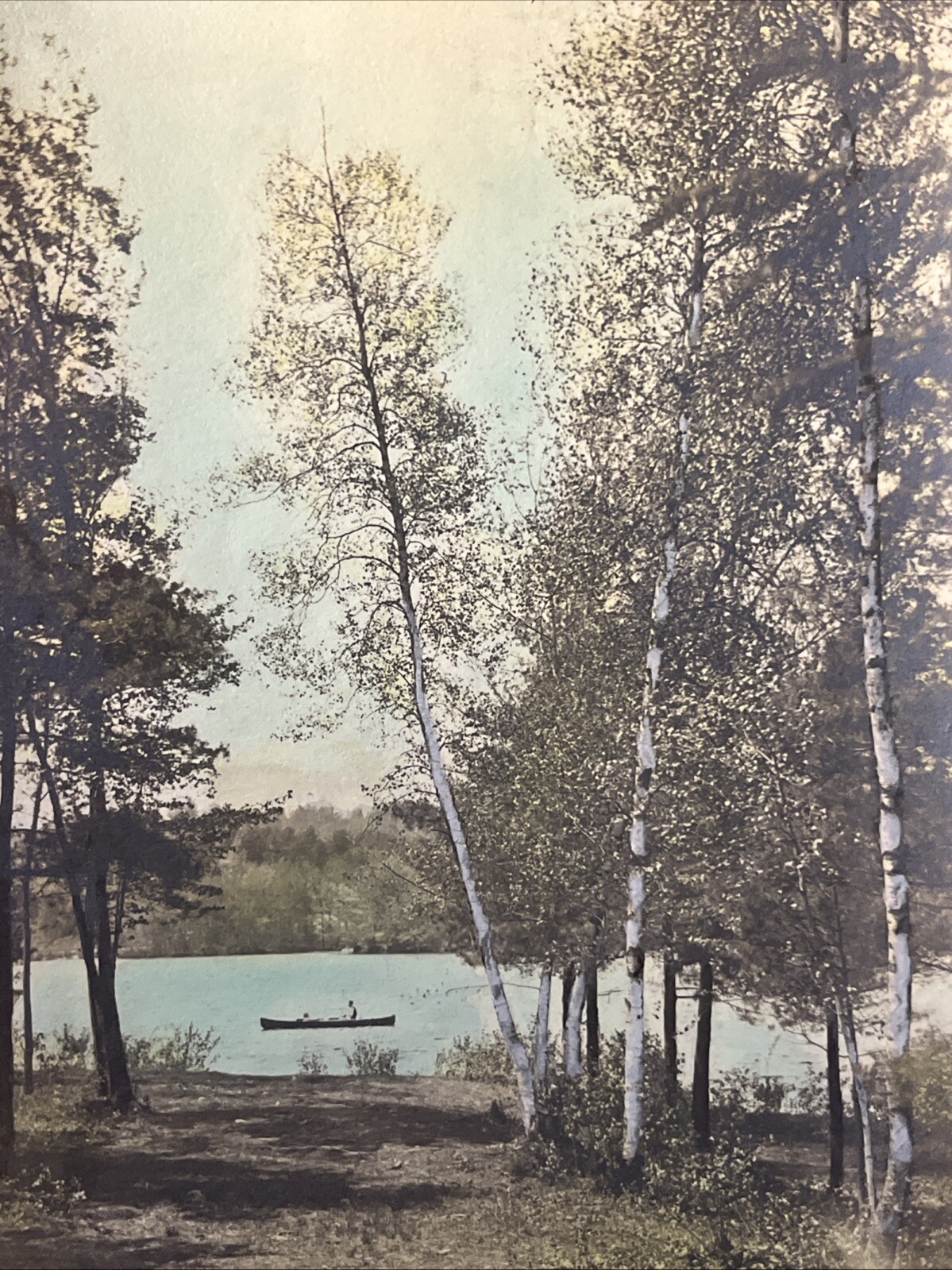 Old Color LANDSCAPE PHOTOGRAPHY Lake Scene Boat Trees Sky ANTIQUE PHOTO