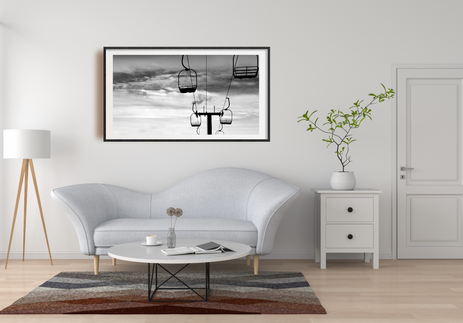 Silhouette Ski Lift Skiing Snowboard Black & White Photography Art Print