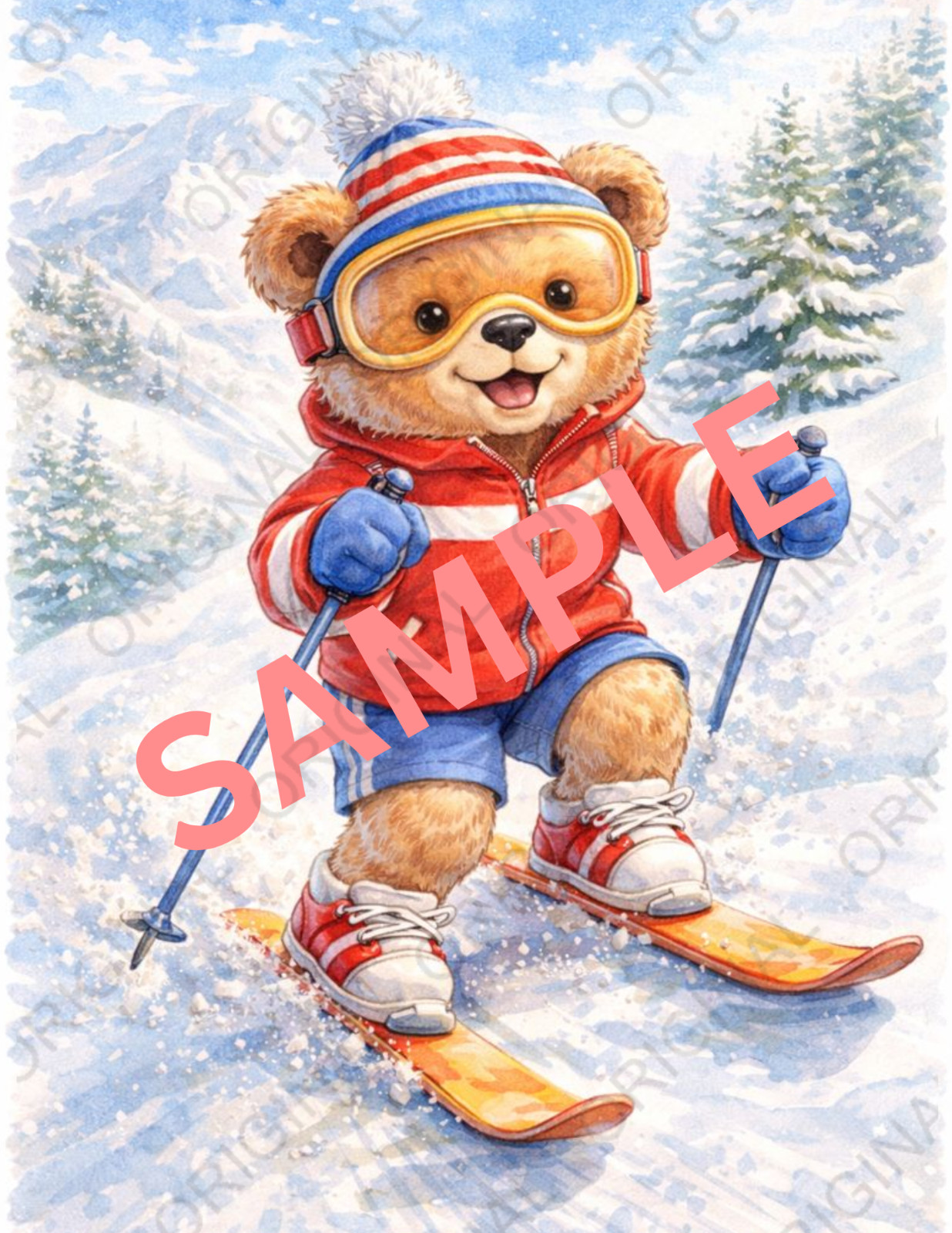 Digital Watercolor Photo of Bear Skiing