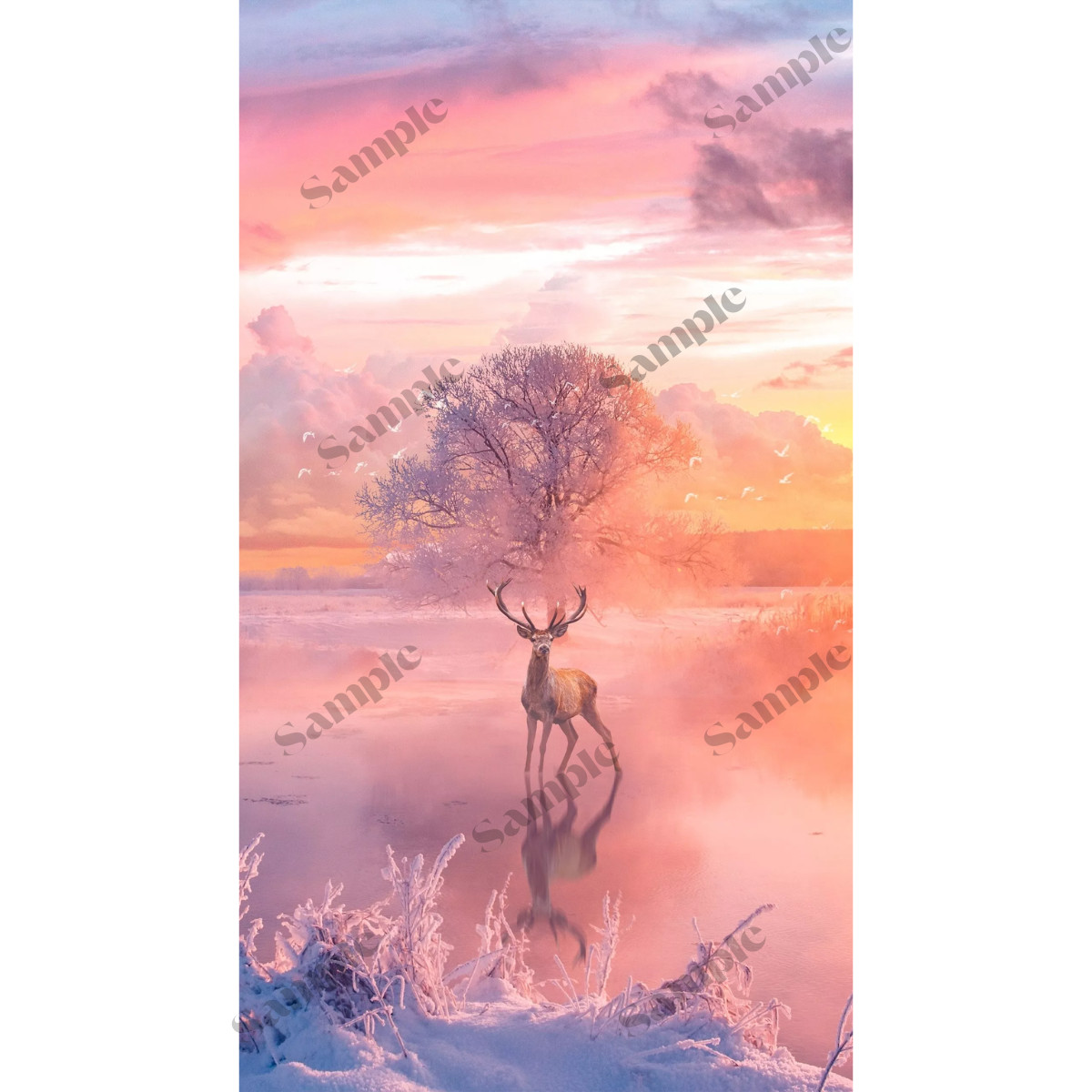 Pink Winter Deer Wallpaper 4K | Aesthetic Sunset Snow Landscape | Nature Reflect