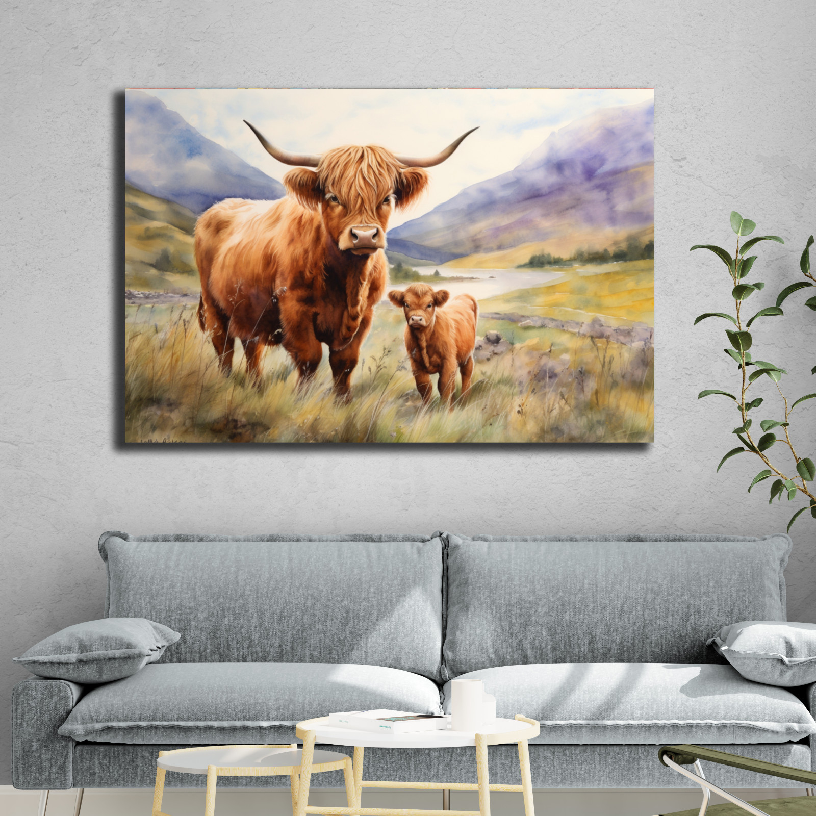 Highland Cow Wall Art, Scottish Highland Cow Calf Print, Rustic Farmhouse Canvas