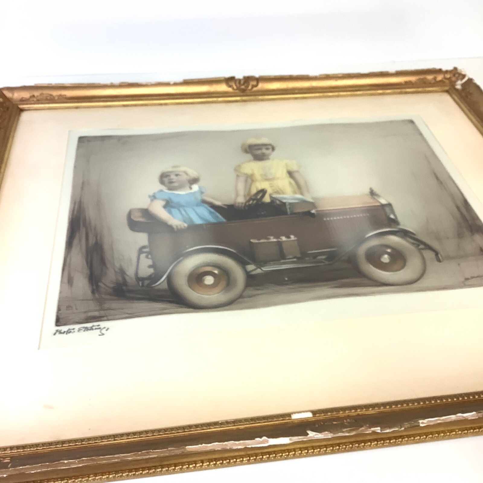 1930s Hand Tinted Photo Etching Engraving Girls Portrait Auto Car Bacon & Sons
