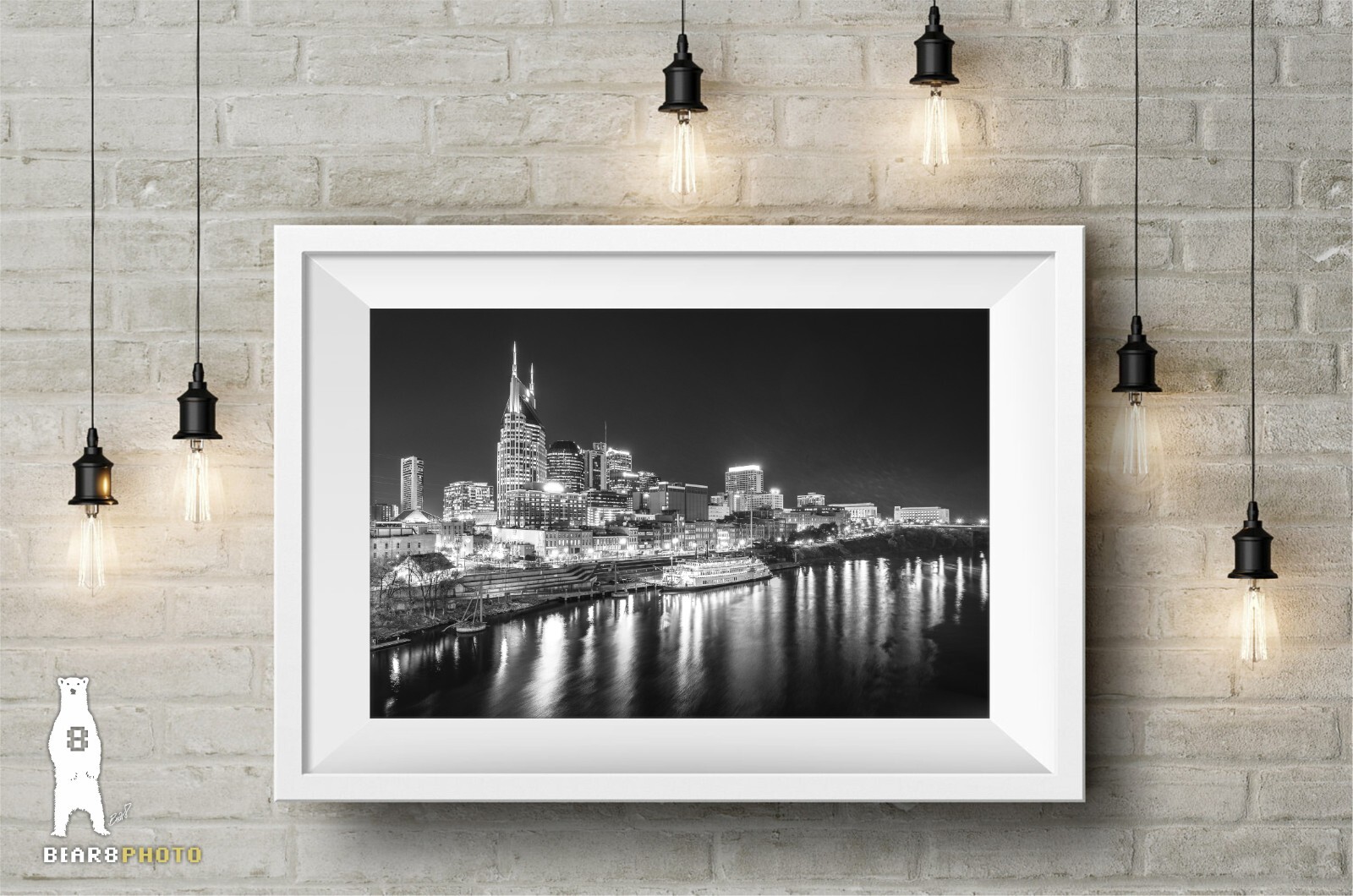 Downtown Nashville Skyline at Night – Black and White Photography Prints