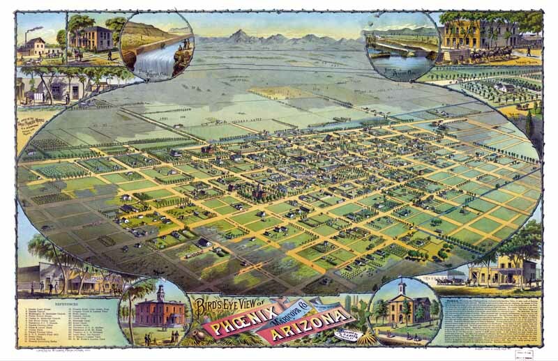 1885 Phoenix, Arizona Bird’s Eye Map Art Print 11″ x 17″ Reproduction