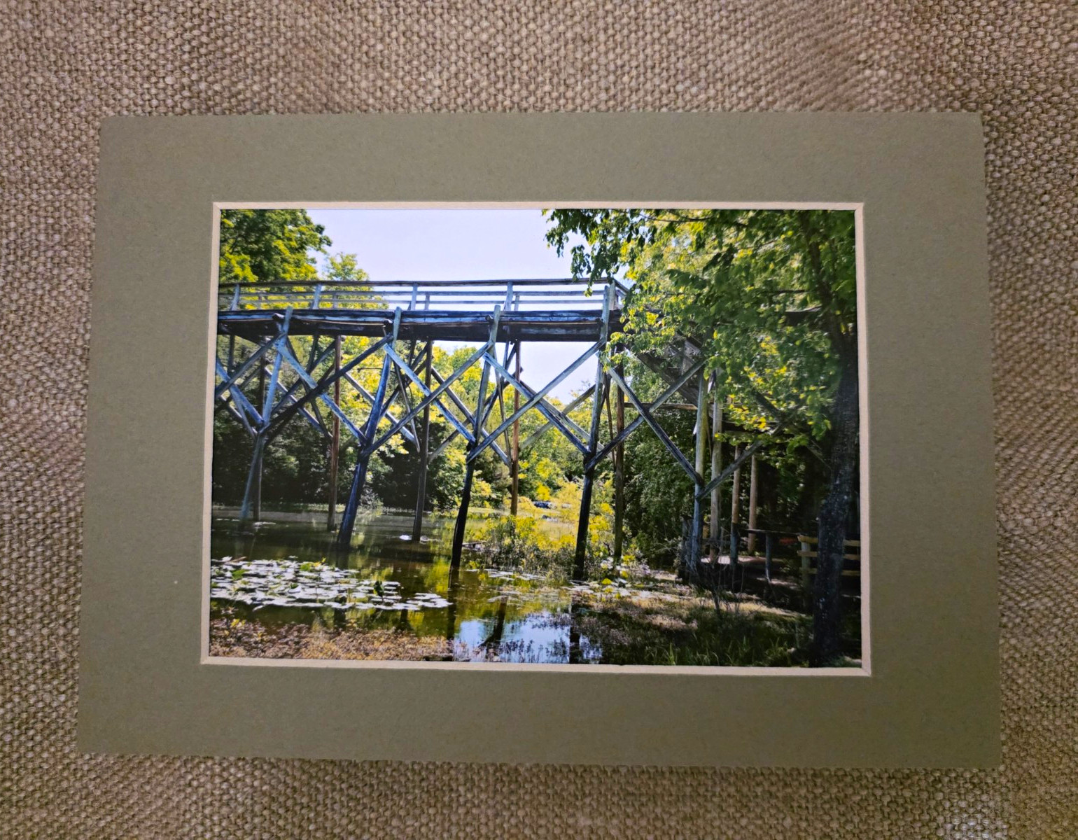 Matted Color Landscape Photograph Print on Paper, Bridge Over River Trees