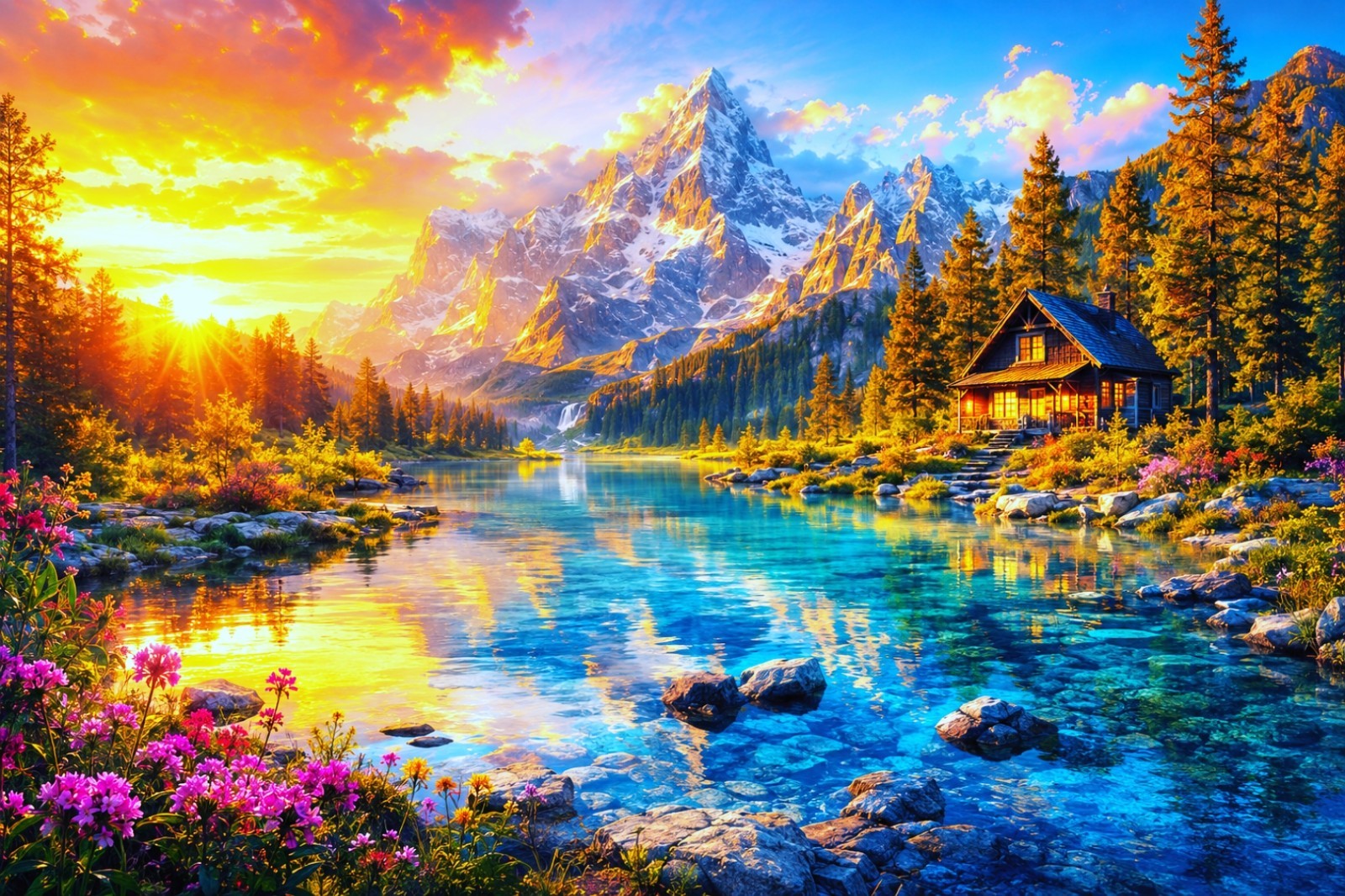 Mountain Lake Sunset Digital Art | Alpine Cabin Landscape Wall Ai Art Download