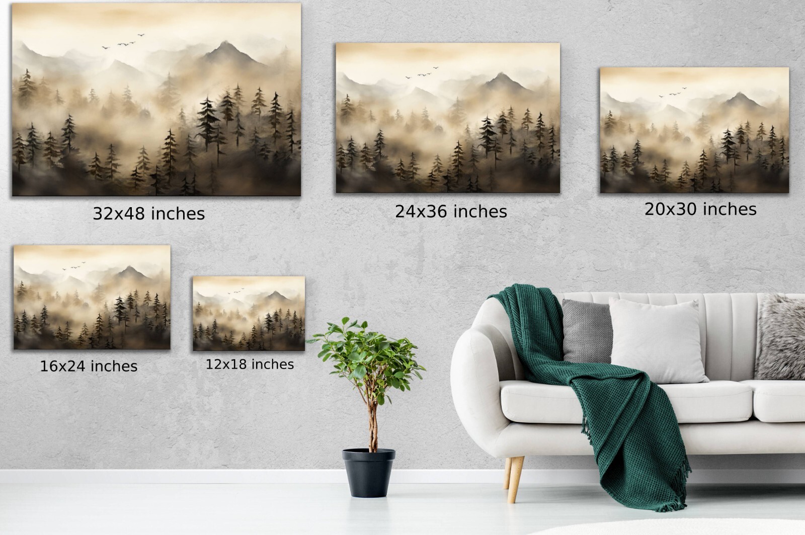Mountains and Trees Nature Watercolor Painting, Foggy Misty Mountain Range Art
