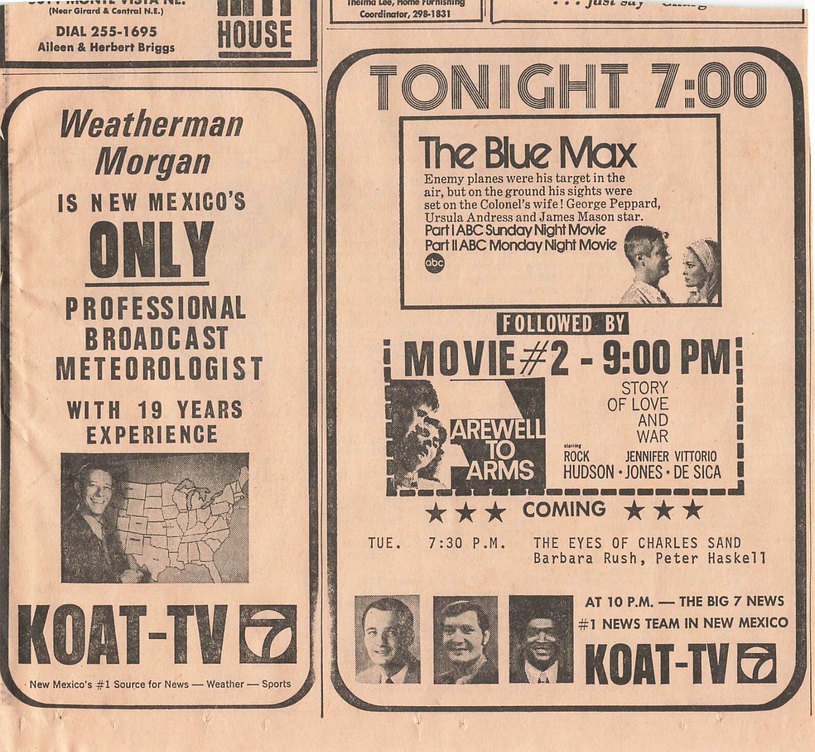 1972 KOAT Albuquerque Ad Movie Of Week The Blue Max & Weatherman Morgan 9×8.5″