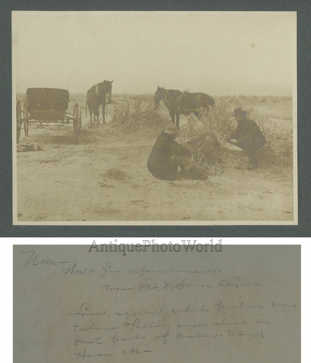 Arizona men with horses on break building fire antique art photo