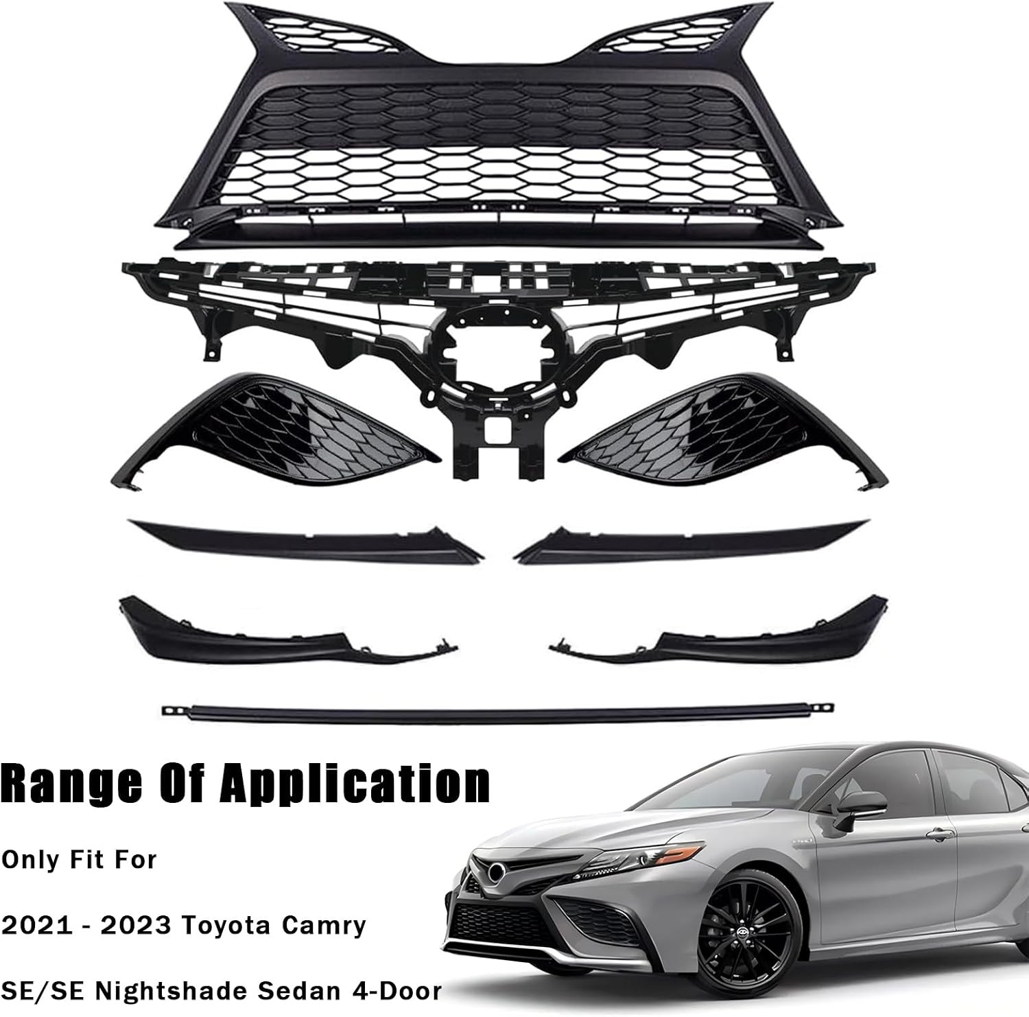 Front Grille Black Trim Fog Light Bezel Set 9Pcs Fit for 2021 2022 2023 Toyota C