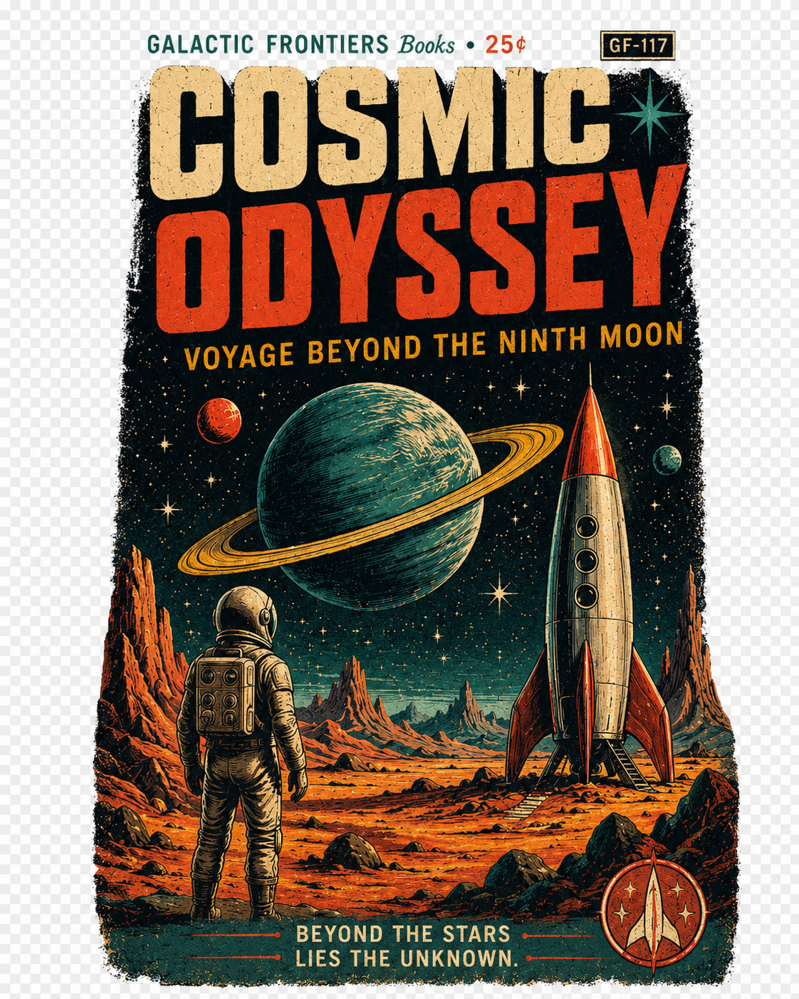 Digital Cosmic Odssey t-shirt png inspired by the aesthetics of retro sci-fi bo