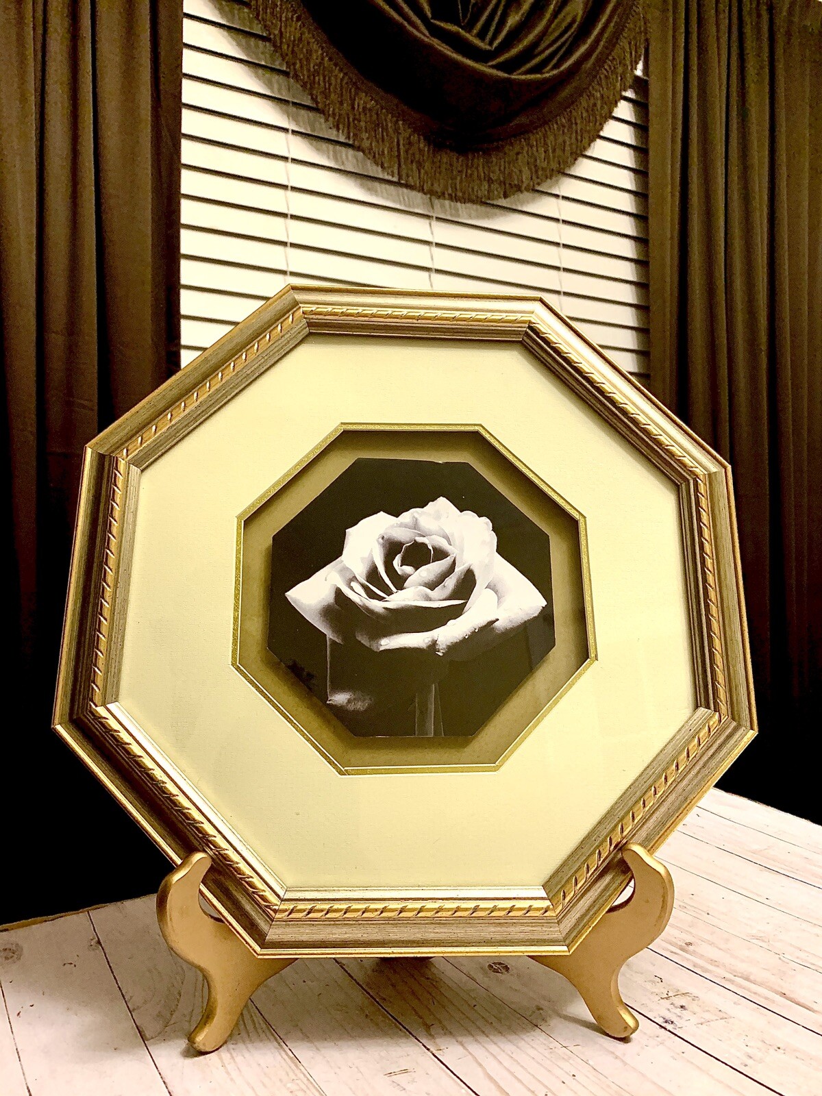 Beautiful Vintage Rose Black & White Octagon Matted Framed Art Print