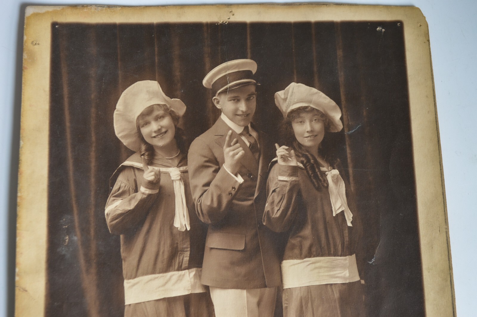 Antique 1918 Vaudville Large Signed Photo Two Girls and Young Male Sailor Outfit
