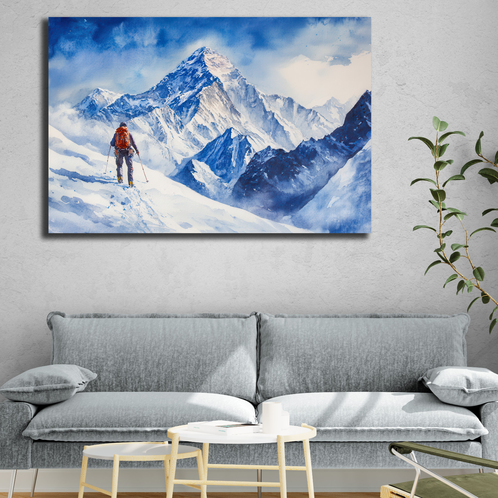 Mount Everest Climber Watercolor Painting, Snowy Summit Adventure Wall Art Print