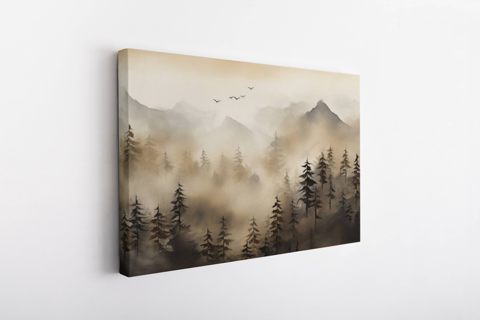 Mountains and Trees Nature Watercolor Painting, Foggy Misty Mountain Range Art