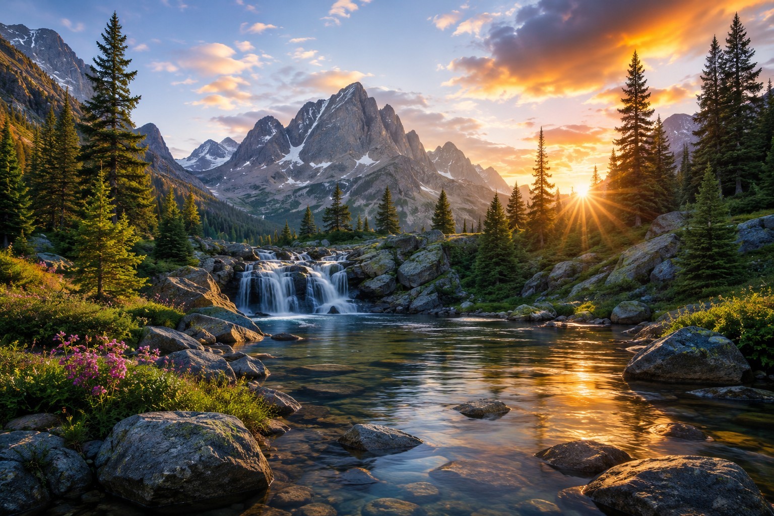 Landscape Color Photograph Mountain Sunrise River Waterfall Forest Nature