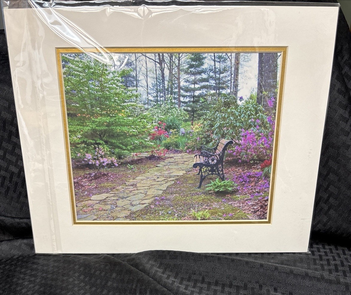 2003 Signed Vicki Hagan Photograph Garden Path Purple Flowers Bench No Frame