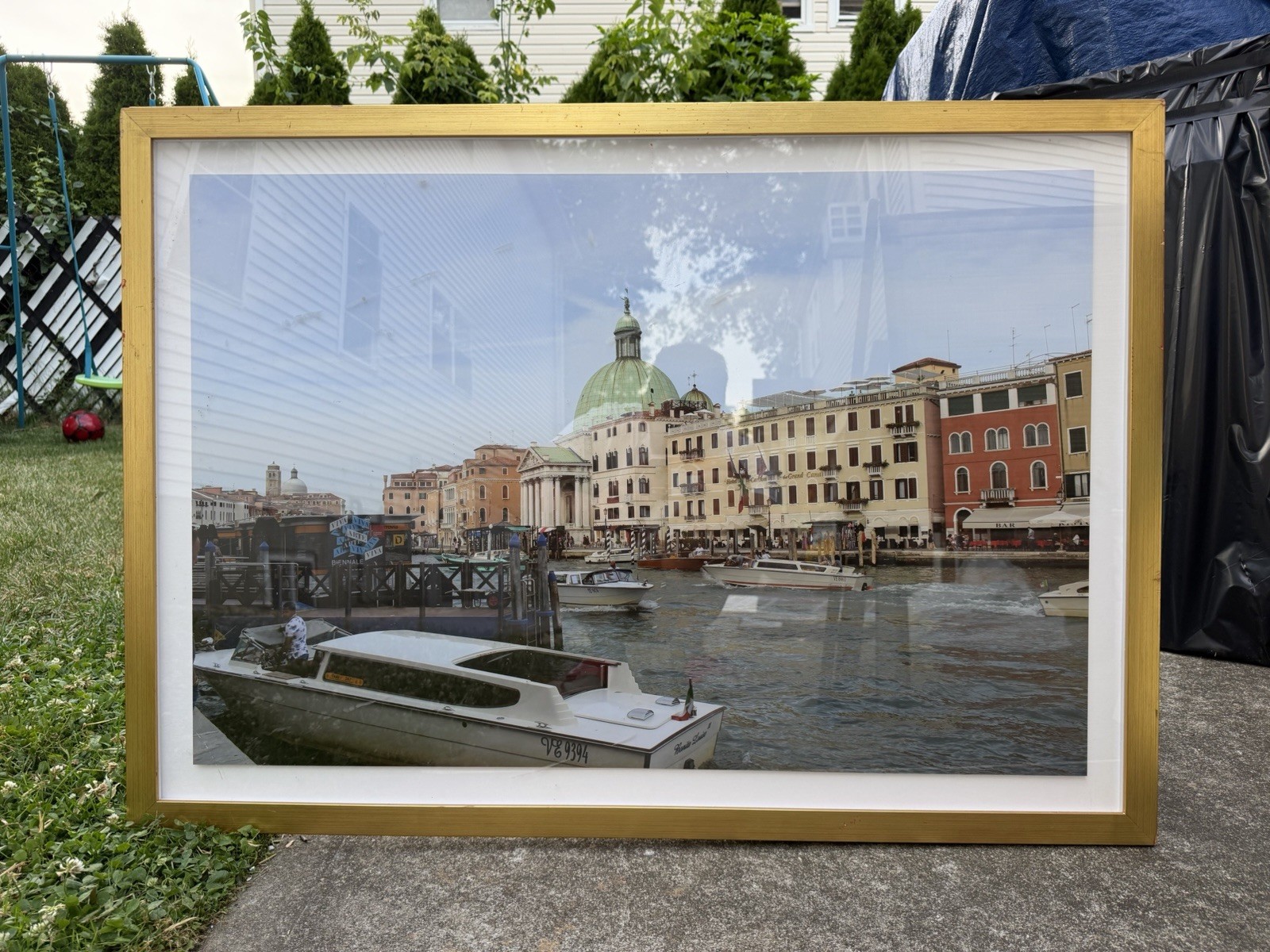 Framed Color Canal Cityscape Photograph Print, Landscape Boats & Buildings