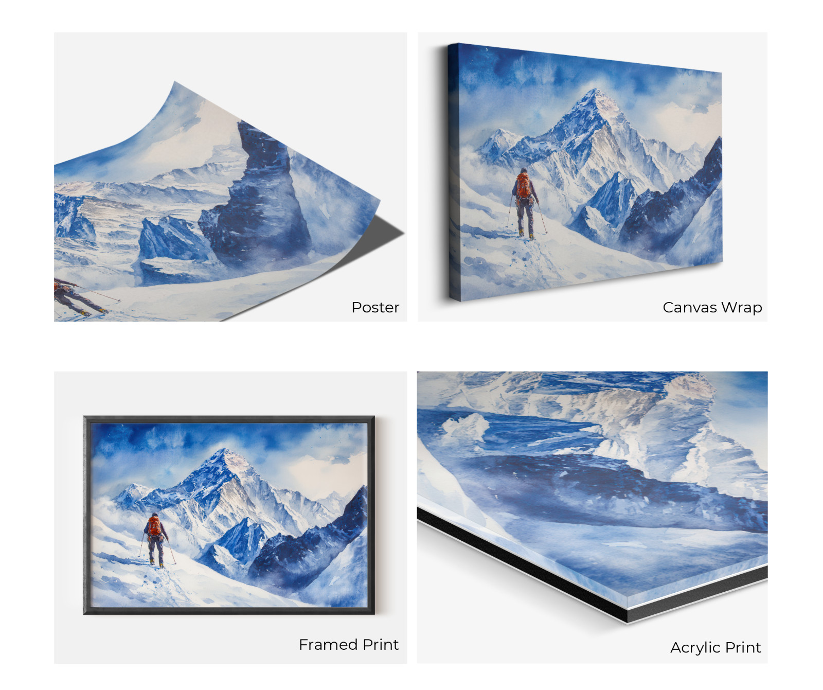 Mount Everest Climber Watercolor Painting, Snowy Summit Adventure Wall Art Print